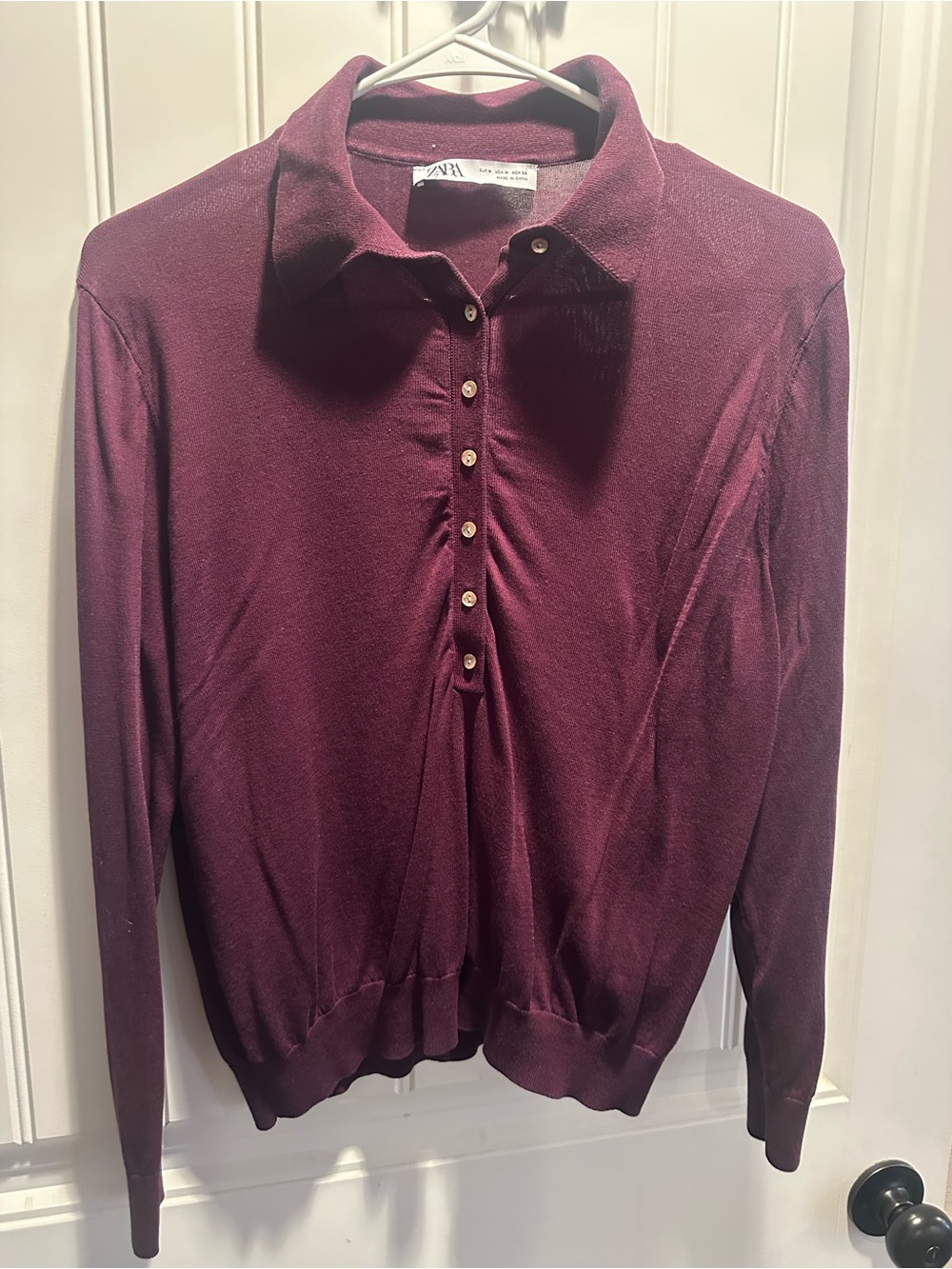 Zara Women's Long-Sleeve Polo Top in Deep Burgundy